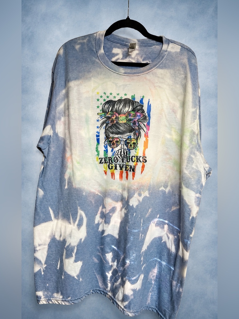 Zero F*cks Given Skull Graphic Tee 2X Handmade Bleached Shirt